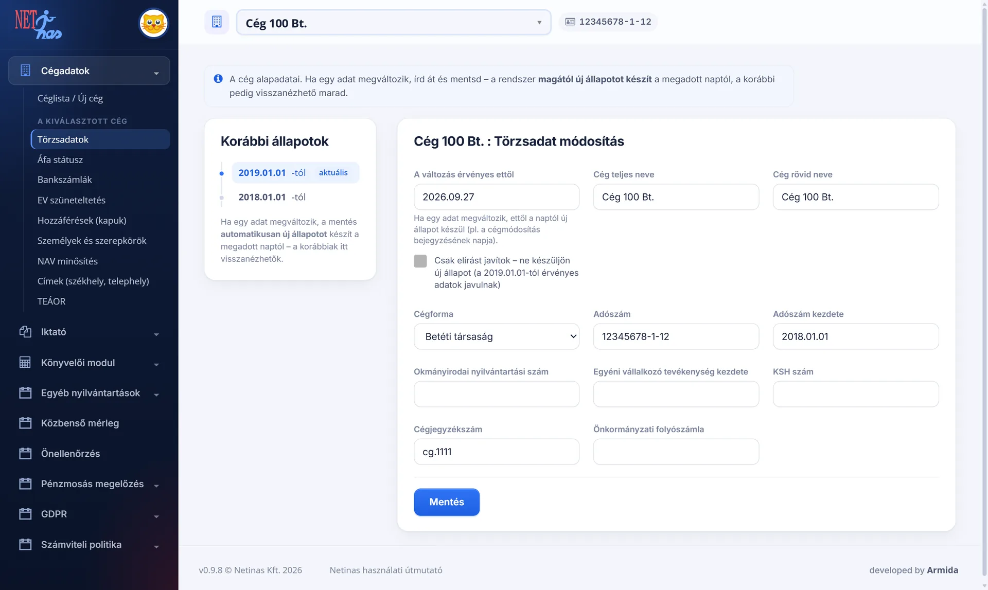 Cégadatok – állapotok időrendben